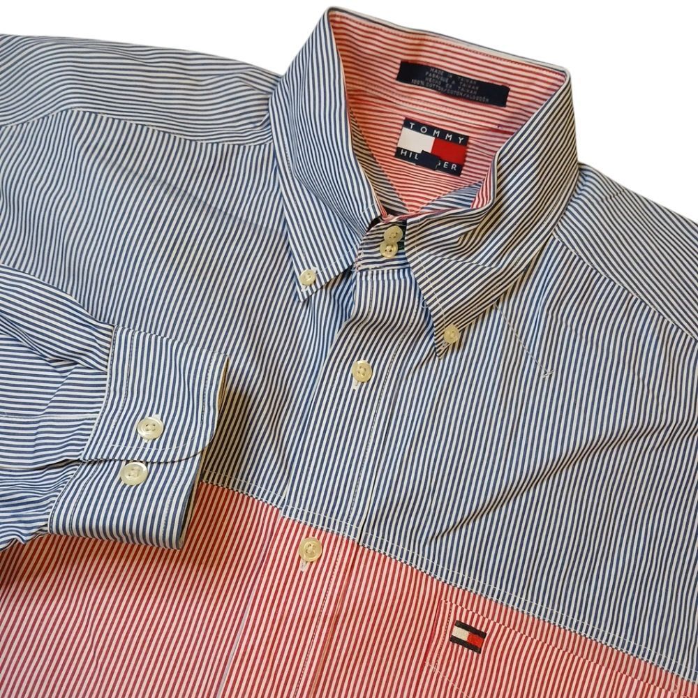 Tommy Hilfiger Color Block Pinstriped Long Sleeve 90s Button Dress Shirt Large